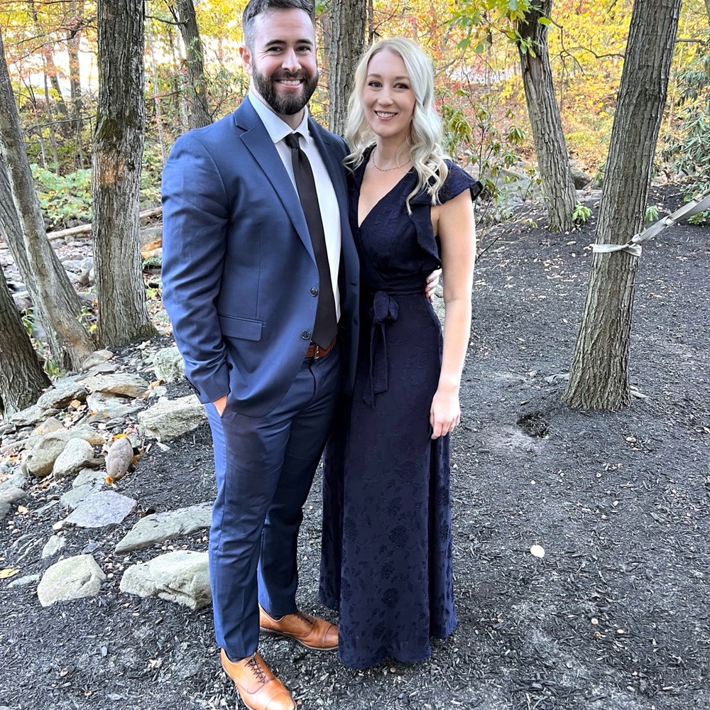 Altar’d State Navy Blue Maxi Dress with tie waist and flutter sleeves